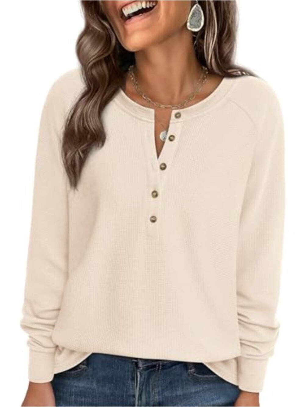 Waffle Knit Henley Long Sleeve Shirt Women's Casual Tunic Top